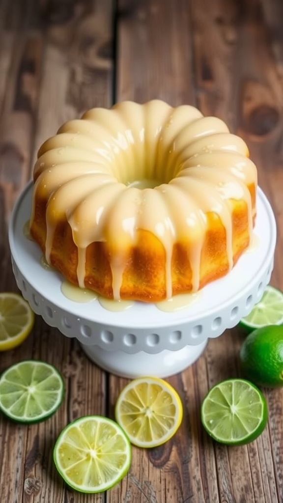 Vegan 7 Up cake with lemon-lime glaze, garnished with lemon and lime slices, on a rustic table.